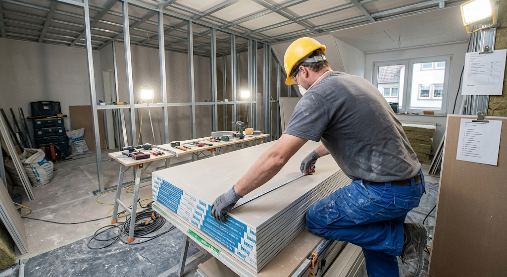 Trockenbauer montiert Gipskartonplatten