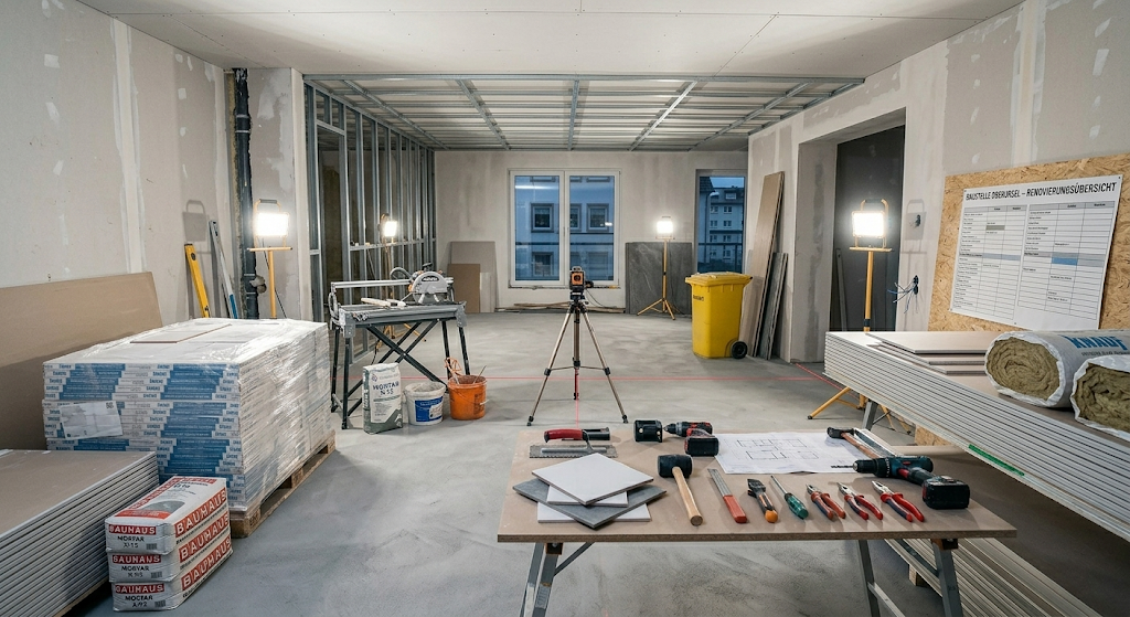 Baustelle mit Materialien und Werkzeug
